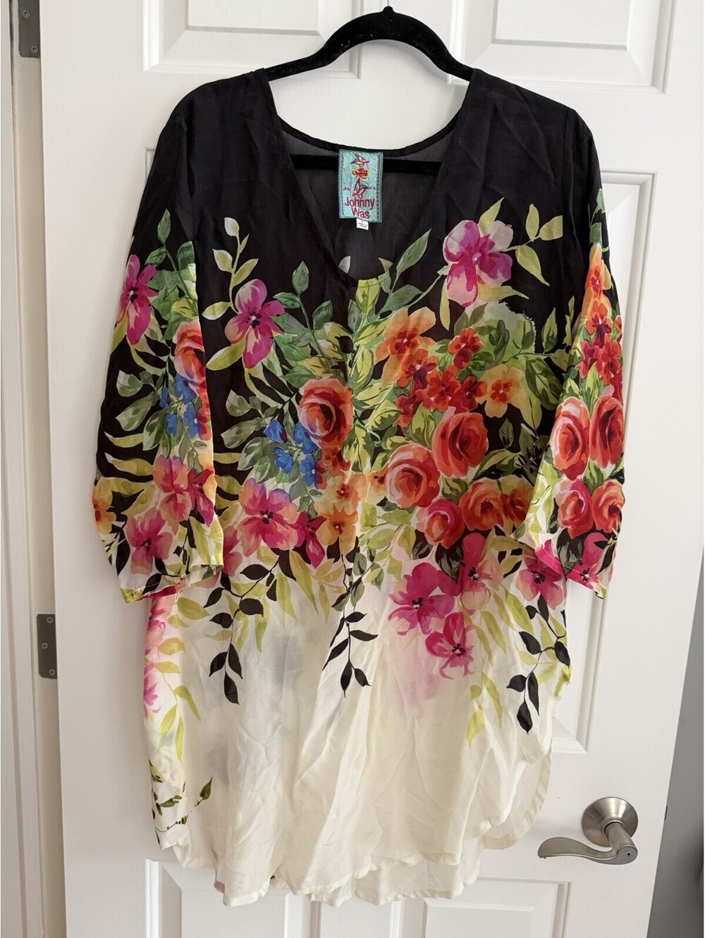 Johnny Was Floral Tunic Blouse Sz L Large Cupra Rayon V-Neck High Low Curved Hem
